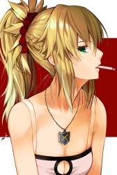 Rule 34 | 1girl, bad id, bad pixiv id, blonde hair, braid, camisole, cigarette, collarbone, commentary request, fate/apocrypha, fate/grand order, fate (series), green eyes, hair between eyes, hair ornament, hair scrunchie, highres, jewelry, long hair, looking at viewer, looking to the side, mordred (fate), mordred (fate/apocrypha), mordred (memories at trifas) (fate), mouth hold, pendant, ponytail, profile, red scrunchie, scrunchie, signature, solo, utayoi (umakatare), white camisole