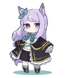 Rule 34 | 1girl, animal ears, black footwear, black jacket, black skirt, blush, boots, bow, chibi, closed mouth, colored shadow, commentary, commentary request, ear ribbon, frilled sleeves, frills, full body, green ribbon, green socks, highres, horse ears, horse girl, horse tail, jacket, long sleeves, looking at viewer, mejiro mcqueen (umamusume), nozo (hitomiz), pleated skirt, purple eyes, purple hair, ribbon, shadow, short eyebrows, skirt, sleeves past wrists, socks, solo, standing, tail, thick eyebrows, umamusume, white background