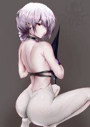 Rule 34 | 1girl, absurdres, arknights, ass, bare back, bare shoulders, breasts, closed mouth, crop top, eye piercing, from behind, gladiia (arknights), hair between eyes, hair over one eye, highres, holding, holding stuffed toy, large breasts, light purple hair, long hair, looking at viewer, looking back, no headwear, no shoes, pants, pointy ears, red eyes, silver hair, simple background, sitting, solo, stuffed toy, thighs, white pants, xuanren69