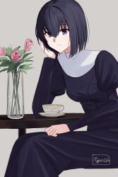 Rule 34 | 1girl, black dress, black hair, breasts, closed mouth, commentary, cup, dress, flower, grey background, habit, hair between eyes, head rest, highres, invisible chair, juliet sleeves, kuonji alice, light smile, long sleeves, looking at viewer, mahou tsukai no yoru, medium breasts, pink flower, pink rose, puffy sleeves, purple eyes, rose, shintyoi2, short hair, simple background, sitting, smile, solo, table, teacup