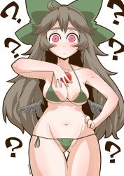 Rule 34 | 1girl, ?, bikini, bird wings, black wings, blush stickers, bow, breasts, brown eyes, brown hair, cleavage, closed mouth, commentary, frown, green bikini, green bow, groin, hair bow, halterneck, hand on own hip, hand on own chest, large breasts, long hair, looking at viewer, low wings, micro bikini, navel, reiuji utsuho, side-tie bikini bottom, simple background, solo, standing, swimsuit, thigh gap, third eye, touhou, twitter username, white background, wings, zannen na hito