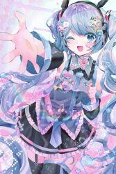 Rule 34 | 1girl, asymmetrical legwear, backpack, badge, bag, bandaid, bandaid on cheek, bandaid on face, beamed eighth notes, blue eyes, blue hair, blush, bow, button badge, chain, chibana sora, choker, collared shirt, decora, detached sleeves, eighth note, foreshortening, fortissimo, frilled shirt, frilled shirt collar, frilled skirt, frills, garter straps, hair ornament, hatsune miku, headphones, headset, heart, heart pendant, highres, holding strap, jewelry, long hair, long sleeves, musical note, musical note hair ornament, one eye closed, open mouth, pendant, pixel heart, pleated skirt, rainbow, reaching, reaching towards viewer, shirt, single garter strap, skirt, sleeveless, sleeveless shirt, smile, solo, sparkle, star (symbol), star hair ornament, thighhighs, tie clip, twintails, very long hair, vocaloid, x hair ornament