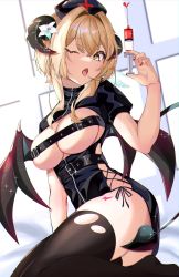 Rule 34 | alternate costume, black hat, blonde hair, breasts, chest belt, demon girl, demon tail, demon wings, flower, genshin impact, hair flower, hair ornament, hat, highres, holding, horns, lily (flower), looking at viewer, lumine (genshin impact), medium breasts, nail polish, nurse cap, one eye closed, open mouth, red nails, short hair, syringe, tail, thighhighs, torn clothes, white flower, wings, yellow eyes, yoshitoki (kisshin)