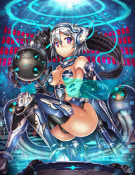 Rule 34 | 1girl, ass, bare shoulders, blue eyes, bodysuit, breasts, cameltoe, chromatic aberration, cleavage, fish, gia, gradient eyes, headgear, highres, holographic interface, legs, looking at viewer, mecha musume, medium breasts, multicolored eyes, neon trim, original, pasties, pixelated, red eyes, revealing clothes, science fiction, short hair, signature, silver hair, solo, thighhighs, weapon