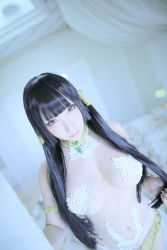 Rule 34 | 1girl, arm support, asian, black hair, blunt bangs, breasts, cosplay, dead or alive, dead or alive 5, dead or alive xtreme 3 fortune, dutch angle, indoors, large breasts, long hair, looking at viewer, makeup, midriff, navel, nyotengu, nyotengu (cosplay), pasties, photo (medium), revealing clothes, saku (shooting stars), sideboob, solo, tagme, underboob