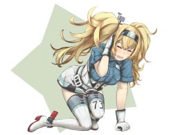 Rule 34 | 1girl, all fours, belt, blonde hair, blue shirt, breast pocket, breasts, closed eyes, collared shirt, gambier bay (kancolle), gloves, hair between eyes, hairband, hand on own head, kantai collection, large breasts, long hair, miyasutou, open mouth, pocket, shirt, short sleeves, shorts, solo, tears, thighhighs, twintails, white thighhighs