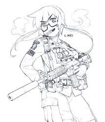 Rule 34 | 1girl, american flag, ar-15, bad id, bad twitter id, belt pouch, breast pocket, cigar, cowboy shot, explosive, glasses, grenade, greyscale, gun, gun sling, hand on own hip, holding, holding gun, holding weapon, load bearing equipment, looking at viewer, military, military uniform, monamin, monochrome, open mouth, pants, pocket, pouch, rifle, scope, short hair, short hair with long locks, simple background, sketch, smile, smoke, solo, standing, strap, suppressor, trigger discipline, uniform, weapon, white background