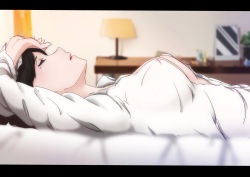 Rule 34 | 1girl, black hair, breasts, dress shirt, covered erect nipples, closed eyes, from side, indoors, lamp, letterboxed, long hair, lying, medium breasts, on back, open clothes, open mouth, open shirt, original, room, shirt, sleeping, solo, torohi (marutorohi), white shirt