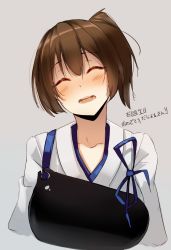 Rule 34 | 1girl, :d, blue ribbon, brown hair, commentary request, closed eyes, facing viewer, grey background, head tilt, highres, kaga (kancolle), kantai collection, muneate, noccu, one side up, open mouth, ribbon, short hair, simple background, smile, solo, translation request, upper body