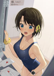 Rule 34 | 1girl, :o, absurdres, aqua eyes, bandaid, bandaid on leg, bangom r, black hair, blue one-piece swimsuit, blush, breasts, cleavage, collarbone, competition swimsuit, envelope, hair ribbon, heart, highres, hololive, letter, locker, looking at object, looking down, love letter, medium breasts, one-piece swimsuit, oozora subaru, open mouth, ribbon, school swimsuit, school uniform, scrunchie, short hair, solo, swimsuit, teeth, upper teeth only, virtual youtuber, watch, wet, wet hair, wrist scrunchie, wristwatch, yellow ribbon