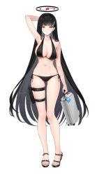 Rule 34 | 1girl, absurdres, arm behind head, arm up, armpits, bikini, black bikini, black hair, blue archive, breasts, briefcase, cleavage, closed mouth, expressionless, full body, halo, high heels, highres, holding, holding briefcase, holster, large breasts, long hair, navel, red eyes, rio (blue archive), rity, sandals, side-tie bikini bottom, simple background, solo, stomach, swimsuit, thigh holster, very long hair, white background