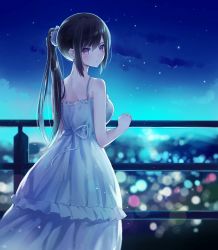 Rule 34 | 10s, 1girl, artist name, backlighting, bare arms, bare back, bare shoulders, blue theme, blurry, bokeh, breasts, city lights, cloud, cowboy shot, depth of field, dress, frilled dress, frills, from behind, hair ornament, hair scrunchie, hibike! euphonium, high ponytail, highres, kousaka reina, large breasts, lens flare, light particles, long dress, long hair, looking at viewer, looking back, night, night sky, outdoors, ponytail, purple eyes, railing, reflection, scenery, scrunchie, sidelocks, sideways glance, sky, sleeveless, sleeveless dress, solo, spaghetti strap, standing, star (sky), star (symbol), starry sky, tr, tr (kangtw123), white dress
