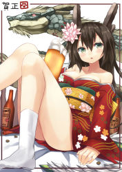 Rule 34 | 10s, 1girl, 2012, alcohol, bare shoulders, beer, beer mug, black hair, blush, bottle, breasts, brown hair, cleavage, cup, dragon, flower, green eyes, hair flower, hair ornament, haruken, highres, horns, japanese clothes, kimono, large breasts, long hair, mug, new year, off shoulder, open mouth, original, sitting, socks, solo