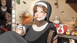 Rule 34 | 3girls, @ @, bandaged arm, bandages, bandaid, bandaid on face, bandaid on forehead, bird, brown eyes, brown hair, canadian flag, chef hat, chicken, closed eyes, commentary, diva (hyxpk), drinking, duck, duckling, egg, english commentary, food, froggy nun (diva), habit, hat, highres, hungry nun (diva), little nuns (diva), maple syrup, multiple girls, nun, pancake, pancake stack, sitting, star nun (diva), star ornament, traditional nun, turkey (bird)