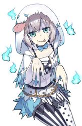 Rule 34 | 1girl, :p, aoba moca, asymmetrical legwear, bang dream!, belt, blue bow, blue bowtie, blue eyes, bow, bowtie, capelet, chain, collarbone, crop top, ghost costume, ghost pose, grey hair, hands up, hitodama, hood, hood up, hooded capelet, looking at viewer, midriff, mujun atama, navel, pale skin, pantyhose, polka dot, polka dot legwear, short hair, simple background, sitting, solo, stitches, striped bow, striped bowtie, striped clothes, striped legwear, striped neckwear, striped pantyhose, tongue, tongue out, uneven legwear, vertical-striped clothes, vertical-striped legwear, vertical-striped pantyhose, white background