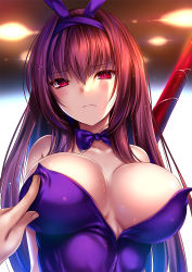 Rule 34 | 1boy, 1girl, akeyama kitsune, animal ears, blush, breast poke, detached collar, fake animal ears, fate/grand order, fate (series), frown, gae bolg (fate), hairband, leotard, long hair, looking down, official alternate costume, scathach (piercing bunny) (fate), playboy bunny, poking, purple hair, purple hairband, purple leotard, rabbit ears, red eyes, scathach (fate), solo focus