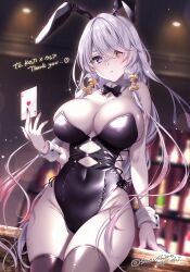 Rule 34 | 1girl, absurdres, ace (playing card), ace of hearts, animal ears, arm at side, arm support, artist name, atelier (series), atelier ryza, atelier ryza 2, bare shoulders, black bow, black bowtie, black leotard, black nails, black thighhighs, blurry, blurry background, blush, bottle, bow, bowtie, breasts, card, cleavage, commentary, commission, covered navel, cowboy shot, crossed bangs, curvy, detached collar, english commentary, eyebrows hidden by hair, eyelashes, fake animal ears, fingernails, floating hair, grey hair, groin, hair between eyes, hair over one eye, hand up, heart, heterochromia, highleg, highleg leotard, highres, holding, holding card, indoors, large breasts, leotard, lila decyrus, long fingernails, long hair, looking at viewer, multicolored hair, nail polish, parted lips, playboy bunny, playing card, purple eyes, rabbit ears, red eyes, red hair, second-party source, shiny skin, sidelocks, skeb commission, skindentation, solo, sparkle, standing, strapless, strapless leotard, streaked hair, suzushiro atsushi, thighhighs, very long hair, white wrist cuffs, wine bottle, wrist cuffs