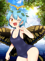 Rule 34 | 1girl, antennae, aqua hair, bare arms, bare legs, bare shoulders, black one-piece swimsuit, blue one-piece swimsuit, blush, breasts, butterfly wings, cleavage, collarbone, cowboy shot, day, eternity larva, fairy, hair between eyes, harusame (unmei no ikasumi), highres, insect wings, leaf, leaf on head, one-piece swimsuit, one eye closed, open mouth, school swimsuit, short hair, small breasts, smile, solo, sunlight, swimsuit, touhou, wings, yellow eyes