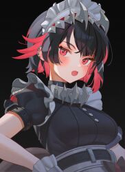 Rule 34 | 1girl, arm belt, belt, black background, black hair, breasts, collar, colored inner hair, earclip, ellen joe, frilled wrist cuffs, frills, gukuli, hair flaps, hand out of frame, highres, holding, holding tray, looking at viewer, maid, medium breasts, metal collar, mole, mole under eye, multicolored hair, parted bangs, pink eyes, pink hair, puffy short sleeves, puffy sleeves, short hair, short sleeves, simple background, solo, tray, underbust, upper body, wrist cuffs, zenless zone zero