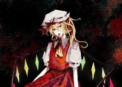 Rule 34 | 1girl, absurdres, ascot, blonde hair, blood, blood on face, collared shirt, cowboy shot, crystal, fangs, flandre scarlet, frilled shirt collar, frills, hat, highres, long hair, mob cap, oiviie, one side up, open mouth, puffy short sleeves, puffy sleeves, red eyes, red skirt, red vest, shirt, short sleeves, sideways glance, skirt, solo, tongue, tongue out, touhou, vampire, vest, white hat, white shirt, wings, yellow ascot