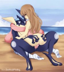 Rule 34 | animated, animated gif, ass, brown hair, creatures (company), cum, cum in pussy, donutella, ejaculation, game freak, gen 6 pokemon, greninja, nintendo, nude, original, pokemon, pokemon (creature), pokephilia, sex, uncensored