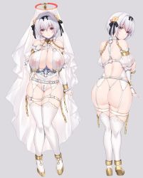 Rule 34 | 1girl, absurdres, alicia renato (yashiro sousaku), ankle strap, arm strap, ass, back, bare shoulders, bdsm outfit, belt, blush, borrowed character, breast curtains, breasts, bridal gauntlets, chain, choker, cleavage, closed mouth, collarbone, commission, covered erect nipples, cross, crossed bangs, detached sleeves, flower, full body, garter belt, grey background, groin, hair between eyes, hair flower, hair ornament, hair ribbon, half-closed eyes, halo, hand on own chest, heterochromia, highleg, highleg leotard, highres, large breasts, leotard, lips, lock, long sleeves, looking at viewer, looking back, minamon (vittel221), multiple views, o-ring, original, puffy long sleeves, puffy sleeves, red eyes, ribbon, second-party source, see-through, short hair, silver hair, simple background, smile, standing, thigh strap, thighhighs, veil, white leotard, white theme, white thighhighs, wrist straps, yellow eyes