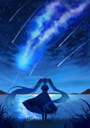 Rule 34 | 1girl, absurdres, black capelet, black dress, blue hair, capelet, commentary request, dress, facing away, floating hair, frilled dress, frills, from behind, grass, hatsune miku, highres, lake, lisu, long hair, mountain, night, night sky, outdoors, shooting star, sky, solo, standing, star (sky), starry sky, twintails, very long hair, vocaloid