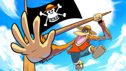 Rule 34 | 1boy, ape, cosplay, crossover, donkey kong (series), donkey kong 64, flag, hat, lanky kong, male focus, monkey d. luffy, monkey d. luffy (cosplay), nintendo, no humans, one piece, pirate ship, sandals, skull and crossbones, straw hat, triple-q