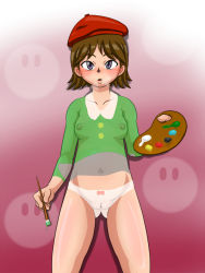 Rule 34 | 1girl, adeleine, blush, bodypaint, breasts, cleft of venus, false clothes, highres, kirby (series), looking at viewer, nintendo, nude, paint, paintbrush, painted clothes, pussy, solo, standing, tama tsubaki