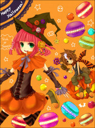 Rule 34 | 1boy, 1girl, animal ears, bare shoulders, brown eyes, bubble skirt, caius qualls, candy, capelet, cross, detached sleeves, english text, fang, food, gloves, green eyes, halloween, hat, lollipop, multicolored hair, open mouth, orange background, orange skirt, patterned legwear, pink hair, pumpkin, rubia natwick, scarf, shoes, short hair, skirt, star (symbol), striped clothes, striped scarf, striped thighhighs, tail, tales of (series), tales of the tempest, tank top, thighhighs, witch hat