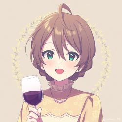 Rule 34 | 1girl, @ (symbol), agata (agatha), ahoge, alcohol, beige background, blush, braid, brown hair, character request, commentary request, copyright request, cup, dot nose, dress, drinking glass, face, floral print, green eyes, hair between eyes, jewelry, looking at viewer, necklace, short hair, simple background, solo, twitter username, wine, wine glass, yellow dress