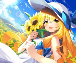 Rule 34 | 1girl, :d, absurdres, alternate costume, bare shoulders, blonde hair, blue bow, blurry, blurry background, blush, bow, breasts, cloud, commentary request, crossed bangs, depth of field, dress, dutch angle, field, flower, flower field, hair between eyes, hair ribbon, hat, hat bow, highres, holding, holding flower, kirisame marisa, lens flare, long hair, looking at viewer, medium breasts, mountain, open mouth, outdoors, ribbon, sidelocks, sky, smile, solo, sun hat, sunflower, sunflower field, touhou, tress ribbon, very long hair, white dress, white hat, yellow eyes, yellow flower, yuujin (yuzinn333)