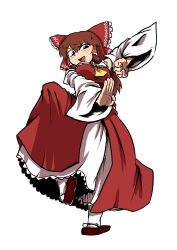 Rule 34 | 1girl, ascot, black eyes, blouse, blush, bow, breasts, commentary request, cookie (touhou), detached sleeves, fighting stance, frilled bow, frilled hair tubes, frills, full body, hair between eyes, hair bow, hair tubes, hakurei reimu, highres, kanna (cookie), long hair, looking at viewer, medium breasts, nicetack, open mouth, red bow, red footwear, red shirt, red skirt, sandals, shirt, simple background, skirt, sleeveless, sleeveless shirt, smile, socks, solo, touhou, v-shaped eyebrows, white background, white sleeves, white socks, yellow ascot, zouri