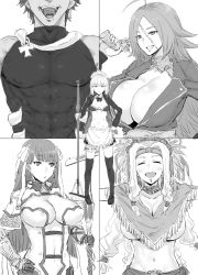 Rule 34 | 10s, 1boy, 4girls, ^ ^, abs, apron, artoria pendragon (alter swimsuit rider) (fate), artoria pendragon (alter swimsuit rider) (second ascension) (fate), artoria pendragon (fate), bare shoulders, bikini, breasts, cleavage, closed eyes, dark-skinned male, dark skin, fate/extra, fate/grand order, fate/prototype, fate/prototype: fragments of blue and silver, fate (series), francis drake (fate), gauntlets, gomu (chewinggom), greyscale, grin, gun, hand on own hip, headwear request, highres, holding, holding gun, holding weapon, huge breasts, large breasts, long hair, looking at viewer, maid headdress, martha (fate), monochrome, mop, multiple girls, navel, open mouth, outstretched arms, ozymandias (fate), quetzalcoatl (fate), scar, smile, staff, swimsuit, tears, teeth, thighhighs, underboob, very long hair, weapon