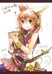 Rule 34 | 10s, 1girl, 2015, belt, blouse, brown hair, dress, earmuffs, heart, jewelry, letterboxed, makuwauri, shirt, short hair, skirt, sleeveless, sleeveless shirt, smile, snack, solo, sword, tongue, tongue out, touhou, toyosatomimi no miko, valentine, weapon, yellow eyes