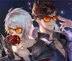 Rule 34 | 2boys, apple, armor, belial (granblue fantasy), black shirt, blue eyes, brown hair, character name, collar, eating, feather boa, food, fruit, gradient hair, granblue fantasy, light particles, looking at viewer, male focus, multicolored hair, multiple boys, pauldrons, pectorals, quetzalliao, red eyes, shirt, short hair, shoulder armor, smile, star (symbol), starry background, sunglasses, upper body, white hair