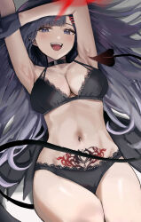 Rule 34 | 1girl, absurdres, black bra, black eyes, black gloves, black hair, black panties, black tail, black wings, blue archive, blush, bra, breasts, commentary, demon tail, english commentary, ggoong (pooplambgoong22), gloves, hair ornament, hairclip, halo, highres, ichika (blue archive), large breasts, long hair, looking at viewer, low wings, navel, open mouth, panties, pubic tattoo, red halo, smile, solo, tail, tattoo, underwear, underwear only, wings