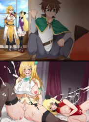Rule 34 | 2boys, 2girls, 2koma, abuse, after rape, after vaginal, aftersex, animal ears, arm on knee, arm support, arm up, armor, armored boots, arms behind back, bar censor, bare shoulders, before and after, belt, belt buckle, black hair, black skirt, black sleeves, black thighhighs, blonde hair, blouse, blue eyes, blush, boots, breasts, after rape, brown hair, buckle, bukkake, capelet, censored, chest armor, china dress, chinese clothes, clenched hand, comic, crossover, cum, cum on body, cum on breasts, cum on clothes, cum on floor, cum on hair, cum on legs, cum on lower body, cum on upper body, cum pool, cumdrip, darkness (konosuba), dress, drooling, empty eyes, evil grin, evil smile, facial, feet out of frame, fon-fon (murenase! shiiton gakuen), full body, garter belt, green capelet, green eyes, green ribbon, grey pants, grey shirt, grin, hair ornament, hand on own hip, heart, heart-shaped pupils, highres, indoors, knee up, kono subarashii sekai ni shukufuku wo!, large breasts, leaning back, leg up, long hair, long skirt, long sleeves, looking afar, looking at another, lying, masochism, mei-mei (murenase! shiiton gakuen), mind break, multicolored hair, multiple boys, multiple girls, murenase! shiiton gakuen, neck ribbon, nipples, no bra, no panties, on side, open clothes, open mouth, over-kneehighs, panda ears, panda girl, pants, petite, pleated skirt, pointing, ponytail, prostitution, purple shirt, pussy, rape, red dress, red footwear, red ribbon, ribbon, rolling eyes, sailor collar, saliva, satou kazuma, school uniform, scratches, shirt, shirt under shirt, shoes, shoulder pads, silent comic, sitting, skirt, sleeveless, sleeveless dress, small breasts, smile, spread legs, squatting, standing, sunglasses, sunglasses on head, symbol-shaped pupils, tabletknight, teeth, thick thighs, thighhighs, thighs, torn clothes, torn dress, torn garter belt, torn shirt, torogao, trembling, two-tone footwear, two-tone hair, v arms, wavy mouth, white footwear, white sailor collar, white shirt, white skirt, wide hips, x hair ornament, yellow dress, yellow shirt