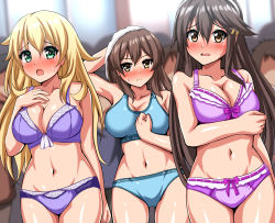 Rule 34 | 3girls, 6+boys, absurdres, alternate hairstyle, aqua bra, aqua panties, atago (kancolle), blonde hair, blurry, blush, bra, breasts, brown eyes, brown hair, cleavage, collarbone, commentary request, commission, cowboy shot, depth of field, dutch angle, frilled bra, frills, green eyes, hairband, haruna (kancolle), highres, kaga (kancolle), kantai collection, large breasts, long hair, multiple boys, multiple girls, nose blush, panties, pink bra, pink panties, purple bra, purple panties, sports bra, towel, towel on head, underwear, underwear only, white hairband, zanntetu