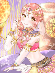 Rule 34 | 1girl, ahoge, arabian clothes, armlet, artist name, artist request, bare shoulders, blush, braid, crop top, detached sleeves, earrings, female focus, head chain, highres, jewelry, long hair, looking at viewer, love live!, love live! school idol festival, love live! sunshine!!, navel, necklace, parted lips, puffy sleeves, red hair, ritsuuu18, sakurauchi riko, sash, see-through, see-through sleeves, short hair, showgirl skirt, single braid, sleeveless, smile, solo, yellow eyes