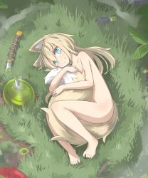 Rule 34 | 1girl, absurdres, animal ear fluff, animal ears, barefoot, blonde hair, blue eyes, broken, broken sword, broken weapon, closed mouth, collarbone, commentary request, completely nude, crying, crying with eyes open, day, fox ears, fox girl, fox tail, hair between eyes, highres, hinbackc, hugging own legs, hugging own tail, hugging tail, katana, long hair, lying, nude, on grass, on side, original, outdoors, solo, sword, tail, tears, weapon