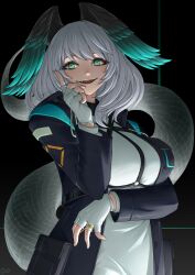 Rule 34 | 1girl, :d, aqua eyes, arknights, black background, black coat, breasts, coat, commentary, dress, fangs, fingerless gloves, gloves, grey hair, hand up, head wings, highres, ho&#039;olheyak (arknights), large breasts, long sleeves, looking at viewer, medium hair, open clothes, open coat, open mouth, slit pupils, smile, snake tail, solo, sthreep, tail, white dress, white gloves, wings