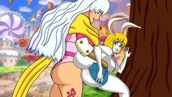 Rule 34 | 2girls, animated, blonde hair, carrot (one piece), charlotte smoothie, clothes lift, furry, furry female, futa with female, futanari, highres, multiple girls, one piece, outdoors, rabbit girl, sex, sex from behind, skirt, skirt lift, standing, standing sex, tagme, white hair
