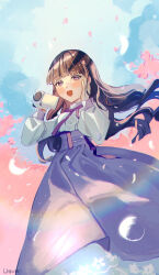 Rule 34 | 1girl, :d, blue sky, blush, bow, breasts, brown hair, camcorder, cardcaptor sakura, cloud, cloudy sky, commentary request, daidouji tomoyo, day, floating hair, hand on own face, hands up, haruri, highres, holding, long hair, long sleeves, open mouth, outdoors, petals, puffy long sleeves, puffy sleeves, purple bow, purple eyes, purple skirt, shirt, skirt, sky, sleeves past wrists, small breasts, smile, solo, very long hair, video camera, white shirt