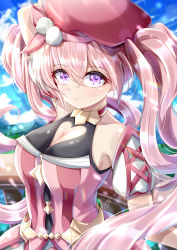 Rule 34 | 1girl, absurdres, arm up, armpits, bare shoulders, beret, blurry, blurry background, blush, breasts, cleavage, cleavage cutout, closed mouth, clothing cutout, day, hair between eyes, hat, heart cutout, highres, large breasts, long hair, looking at viewer, outdoors, pink hair, princess connect!, purple eyes, red hat, signature, smile, solo, takemura kou, tsumugi (princess connect!), twintails