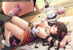 Rule 34 | 1girl, akagi (warship girls r), anal beads, black hair, bound, bound arms, breasts, breasts out, censored, headgear, highres, japanese clothes, lactation, long hair, lying, medium breasts, milking machine, object insertion, on back, ray (pixiv9514208), red eyes, remodel (warship girls r), sex toy, solo, vaginal, vaginal object insertion, vibrator, warship girls r