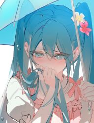 Rule 34 | 1girl, apron, blue eyes, blue hair, blush, bow, collared dress, covered mouth, dress, eyes visible through hair, flower, frills, grey flower, hair between eyes, hair flower, hair ornament, hand on own face, hands up, hatsune miku, holding, holding umbrella, jewelry, long hair, looking down, looking to the side, lunar (lunar 815), necklace, pink apron, pink bow, pink flower, puffy short sleeves, puffy sleeves, short sleeves, sidelocks, simple background, solo, umbrella, underwear, upper body, vocaloid, water drop, white background, white dress