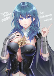 Rule 34 | 1girl, absurdres, anniversary, armor, armpit peek, black armor, black cape, black shirt, blue eyes, blue hair, blush, breasts, byleth (female) (fire emblem), byleth (fire emblem), cape, cleavage, closed mouth, clothing cutout, commentary request, dagger, dated, emblem, eyebrows hidden by hair, fire emblem, fire emblem: three houses, grey background, hair between eyes, hand on own chest, highres, index finger raised, knife, large breasts, looking at viewer, medium hair, navel, navel cutout, nintendo, sheath, sheathed, shinae, shirt, shoulder armor, sidelocks, simple background, smile, solo, standing, translation request, upper body, vambraces, weapon