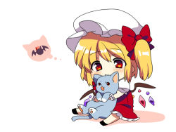 Rule 34 | 1girl, animal, animal hug, bad id, bad pixiv id, blonde hair, blush, bow, cat, chibi, dress, female focus, flandre scarlet, hair bow, hat, lowres, matatabi maru, red dress, red eyes, shirt, side ponytail, sitting, solo, thought bubble, touhou, white background, wings