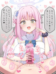 Rule 34 | 1boy, 1girl, absurdres, artificial vagina, black scrunchie, blue archive, blush, breasts, capelet, check translation, dress, flower, hair flower, hair ornament, halo, handjob, heart, highres, kotomari0, large breasts, long hair, mika (blue archive), open mouth, penis, pink hair, pink halo, pov, pov crotch, purple flower, scrunchie, sensei (blue archive), sex toy, small penis, small penis humiliation, speech bubble, translated, translation request, white capelet, white dress, wrist scrunchie, yellow eyes